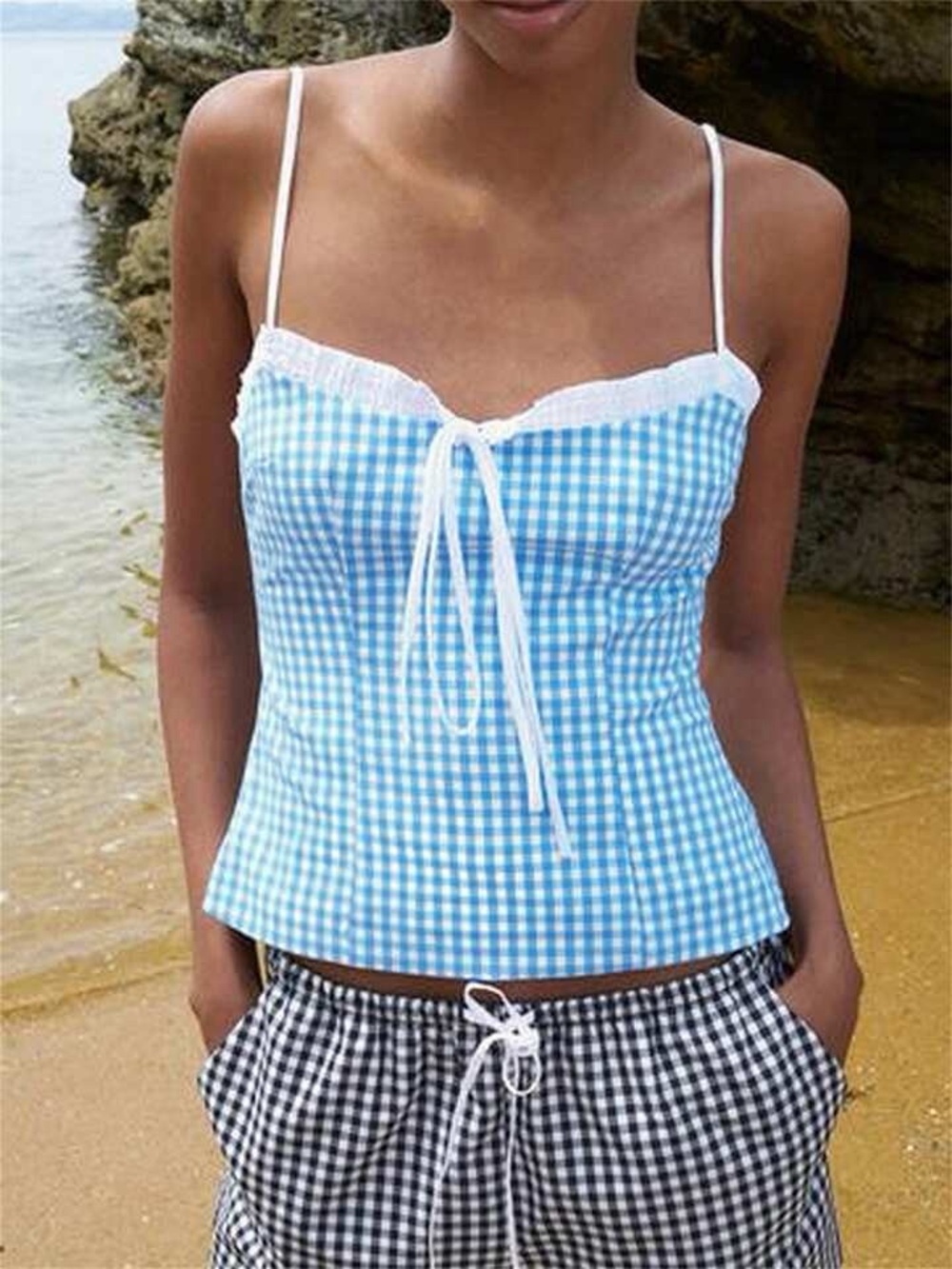 Zara Blue and White Gingham Tie-Front Camisole